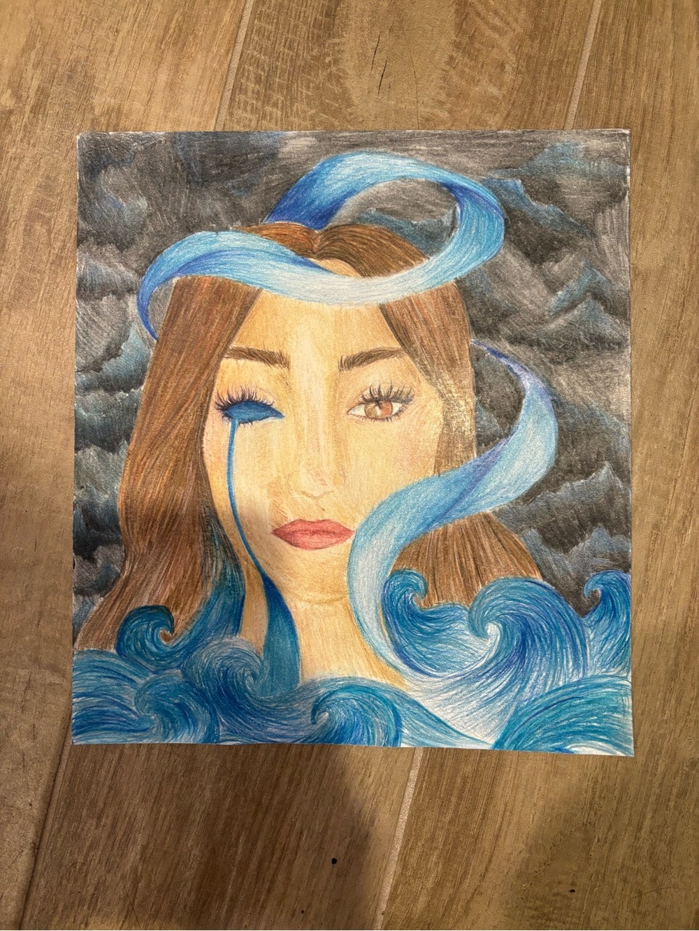Original Pencil Drawing of Woman with Blue Swirls and Tears Art Artwork